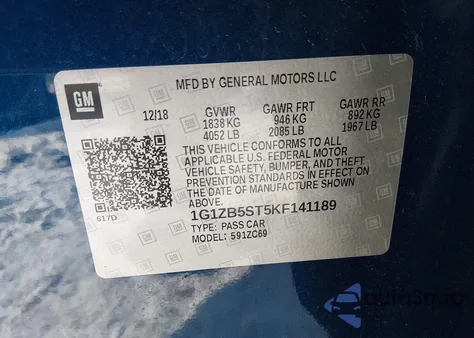 2019 Chevrolet Malibu 1Ls z USA, uszkodzony, nr VIN 1G1ZB5ST5KF141189